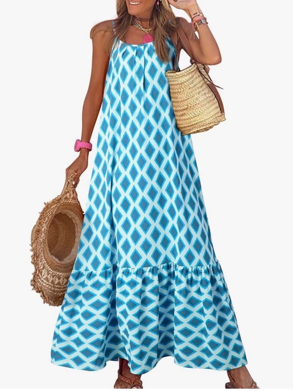 Blue Diamond Print Sleeveless Dress
